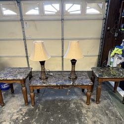 3 Piece Marble Top Coffee & End Table Set w/ Matching Lamps – Classic Wood