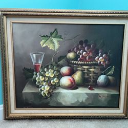 M. AARON Fruit on Table Still Life Art OIL PAINTING Canvas FRAMED Signed ~25x21”
