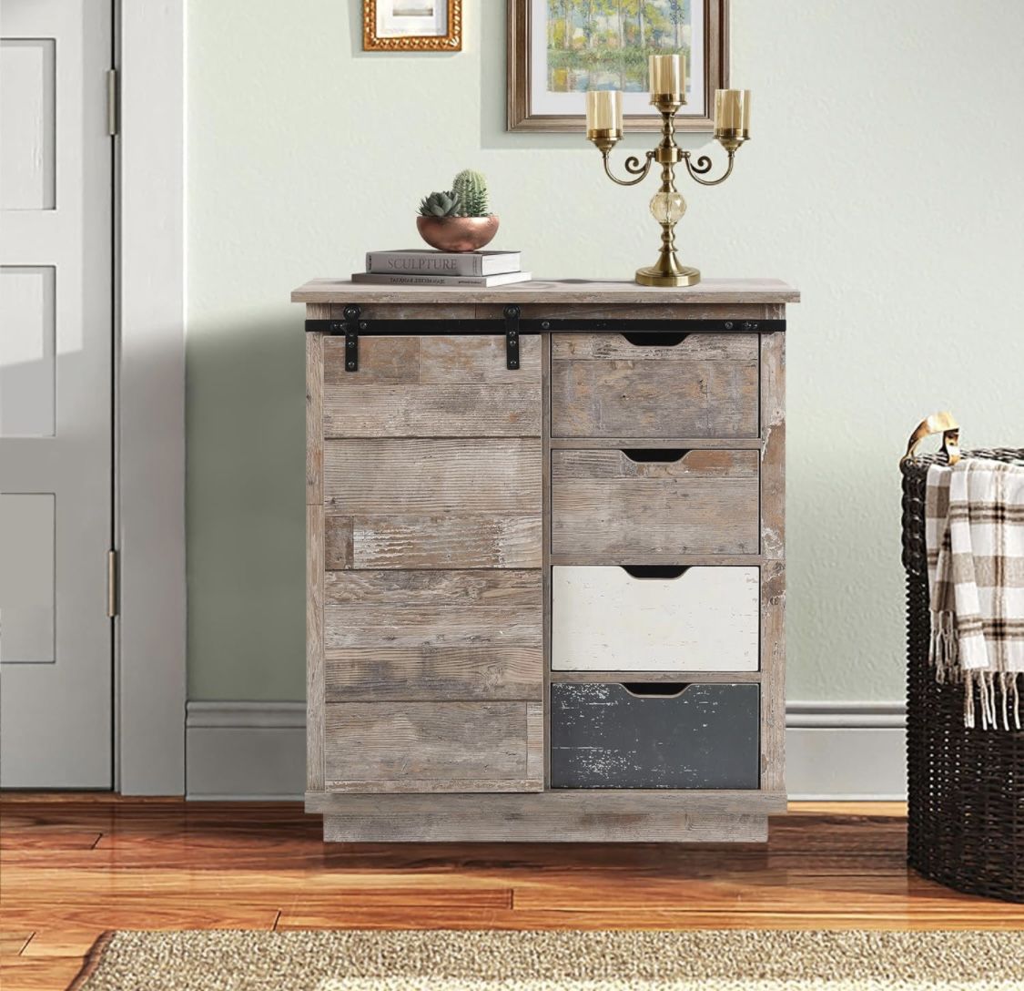 Rustic Wood 4-Drawer 1-Sliding Door Storage Cabinet