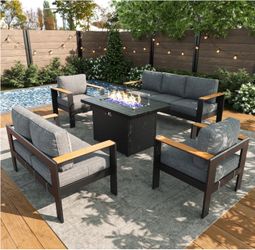 5 Piece Aluminum Outdoor Furniture Set with Fire Pit Table | Outside Patio Deep Seating Conversation Set with Upgraded Washable Thick Cushion