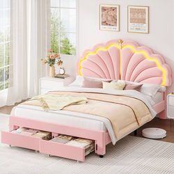 Full Upholstered LED Bed Frame with Storage Drawers, Velvet Princess Platform Bed with Adjustable Modern Shell Headboard, No Box Spring Needed, Noise-