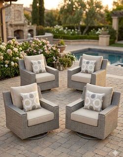 Brand new high quality luxury patio furniture set patio swivel chairs deep seating cushions brand new in the box 4 piece Bob's furniture brand new 🆕✅