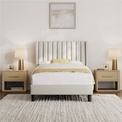 Twin Upholstered Bed Frame with Wood Slat Support, No Box Spring Needed, Ivory