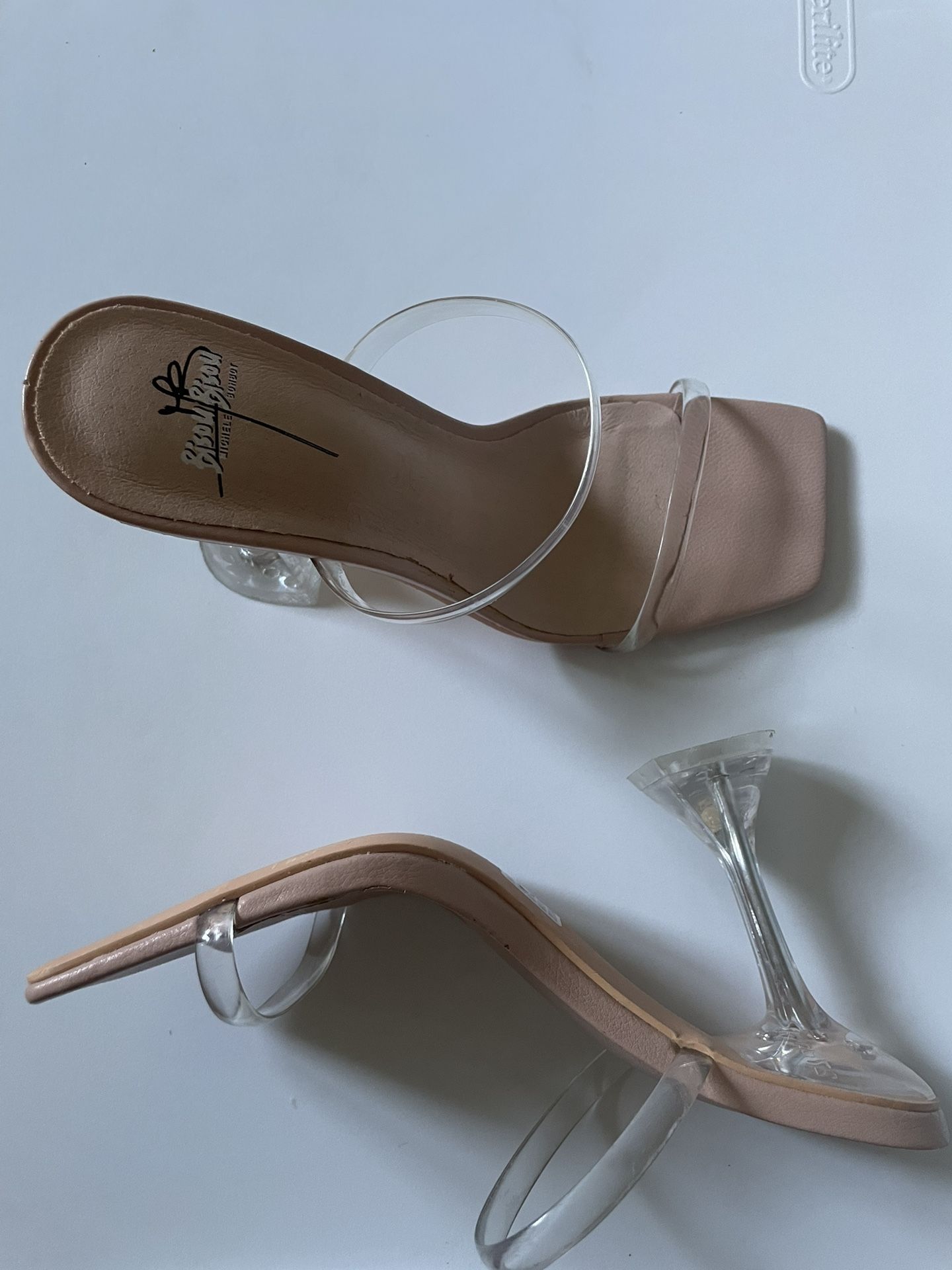 Women’s Size 5.5 Clear Strap Squared Toe Nude Heels