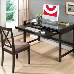 Modern Wood Desk with Glass Top | Dark Brown | Large