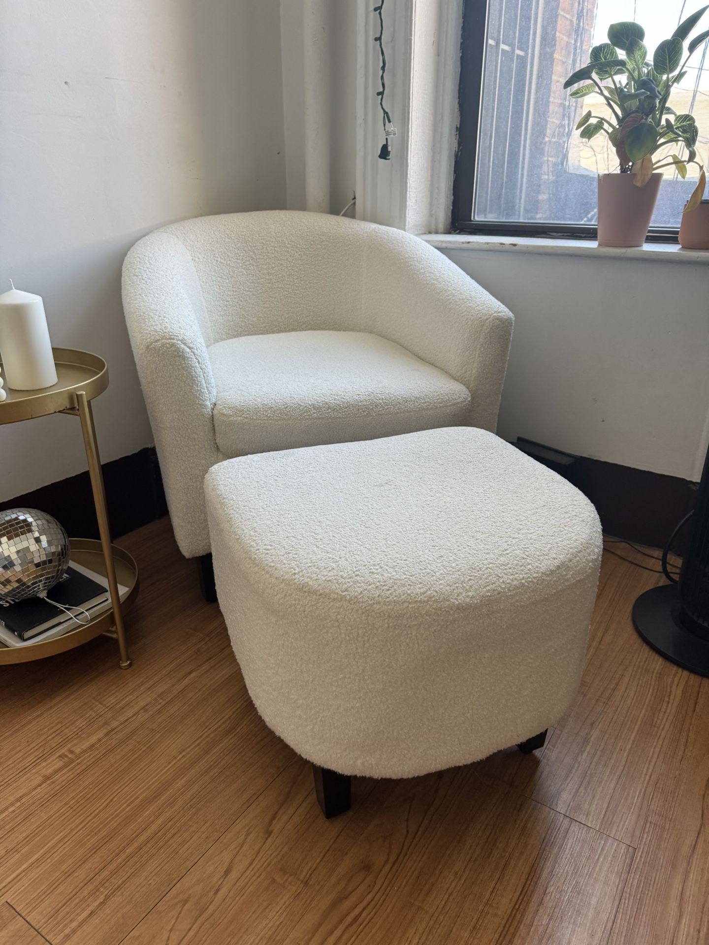 White Boucle Armchair with Ottoman