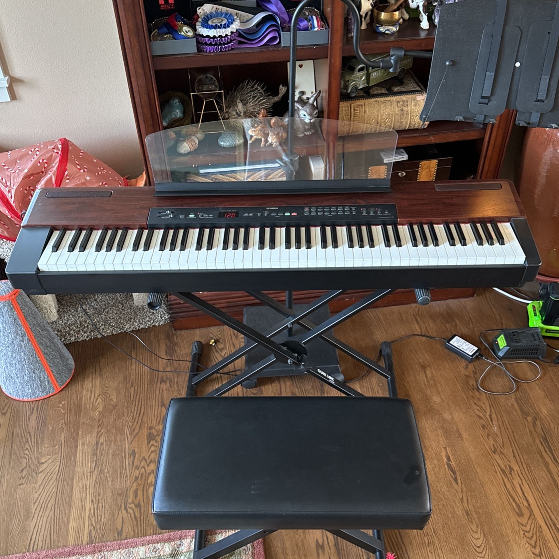 Amazing Yamaha electronic piano P – 120 with stand, bench, tons and tons of music books and accessories