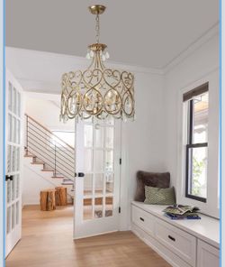 20in Vintage Crystal Chandeliers for Dining Room Light Fixture 5-Light Antique Silver French Country Drum Chandelier for Foyer Entryway Kitchen Island