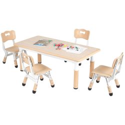 Kids Table and 4 Chairs, Height Adjustable Toddler Desk & Chair Set, Anti-Slip Legs, Graffiti Desktop, Children Large Multi-Activity Table with 47.2" 