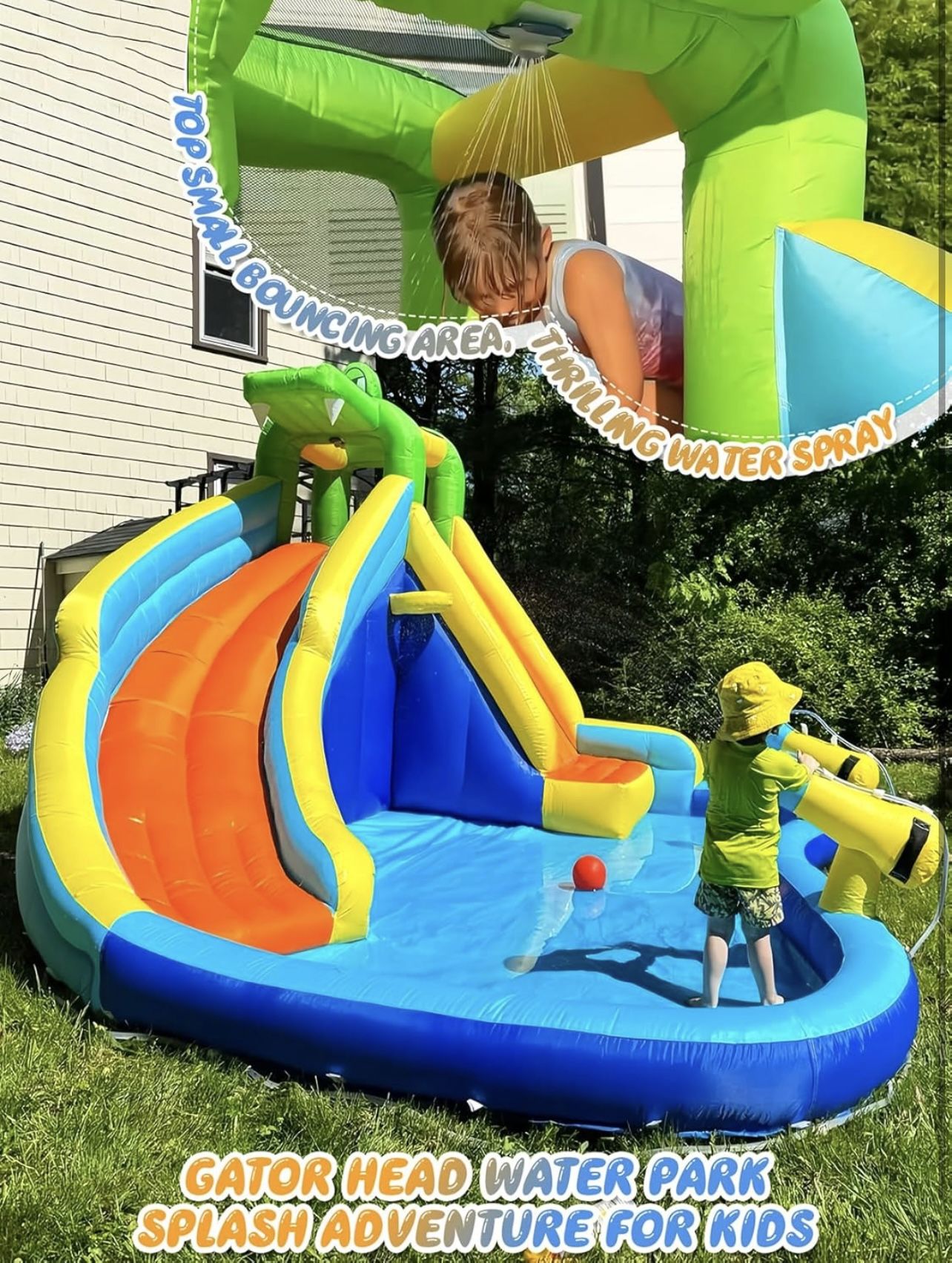 ROOJER Inflatable Water Slide Park for Kids Backyard 8-in- 1 Blow Up Crocodile Spray Slide with 450W Blower, Splash Pool, Climbing Wall, Water Cannon,