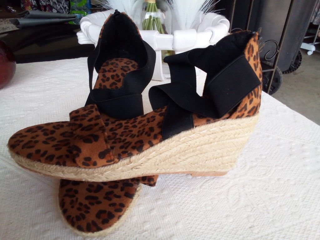 Leopard Print Wedge Sandals, Elastic Ankle, 38 (8-US)  Now $14