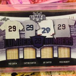 CAREW CATFISH HUNTER MCGRIFF JOE CARTER 1/9 GAME USED BAT  2021 Leaf Lumber Numbers Purple Baseball Card