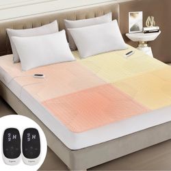 Queen White Waterproof Multi-Zone Heated Mattress Pad with Dual Control & 18” Deep Pocket
