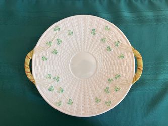 Vintage Belleek Shamrock Handled Cake Plate w/ Basketweave Texture & Hand Painted Clovers
