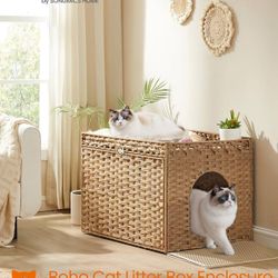 Cat Litter Box Enclosure, Handwoven Rattan Hidden Litter Box Furniture with Extra Litter Mat, Removable Washable Tray, Boho Cat House, End Table, Goos