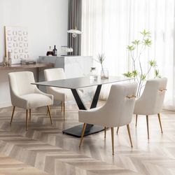 Set of 4/6 Velvet Upholstered Dining Chairs with Gold Legs, Tufted Accent Chairs, Beige