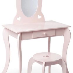 Kids Vanity Set with Mirror and Stool, Beauty Makeup Vanity Table and Chair Set for Toddlers and Kids, Pink