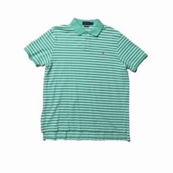 Polo Ralph Lauren Custom Slim Fit Striped Pique Polo Shirt in Green/White, size XL.