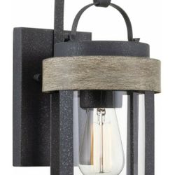 Rochester 14" Modern Indoor Outdoor Wall Sconce + Cylinder Glass Shade, Weathered Oak Wood Style + Textured Black Finish
