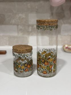 Two Vintage "Spice of Life" Glass Canisters with Cork Lids