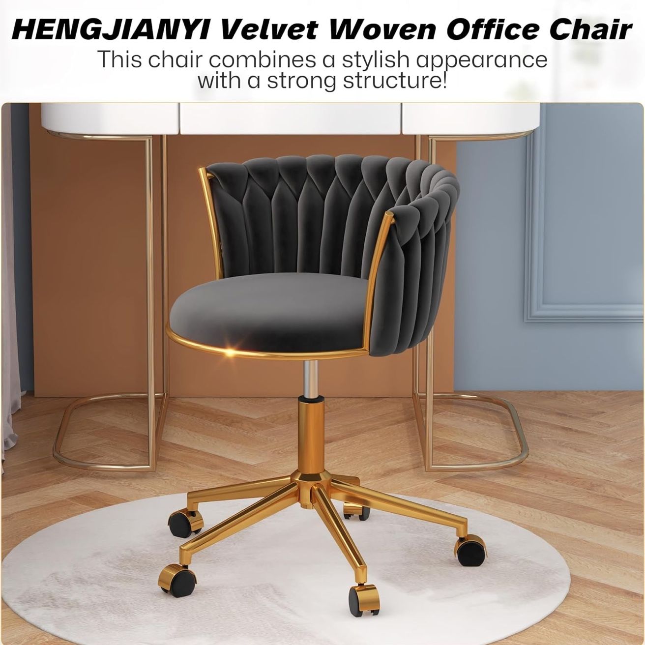 ✨Brand New✨Velvet Woven Home Office Chair — Modern Swivel Desk Chair, Height Adjustable Black Vanity Chair with Wheels & Gold Metal Base Hand Woven Ve
