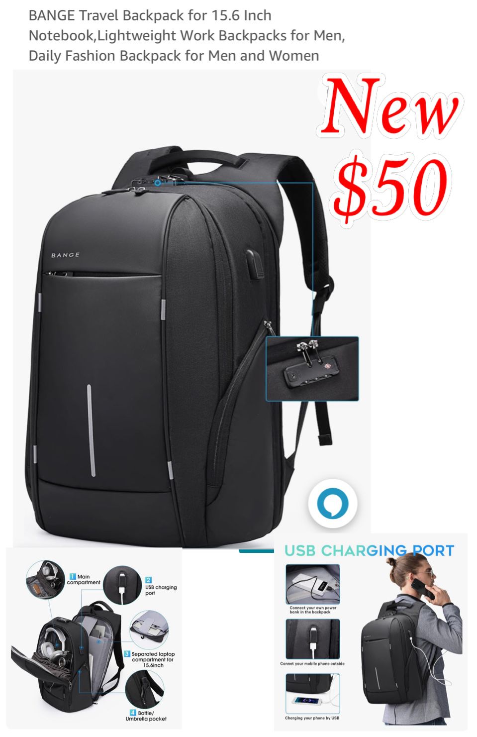 New BANGE Travel Backpack for 15.6 Inch Notebook,Lightweight Work Backpacks for Men, Daily Fashion Backpack for Men and Women$50