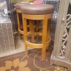 Set Of 2 Brown Wood Swivel Stools