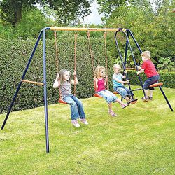 Heavy Duty Metal Swing Set with 2 Belt Swings, 1 Seesaw Play Set, Metal A-Frame Garden Double Swing Slider Set for Children Kids, Garden Outdoor 440lb
