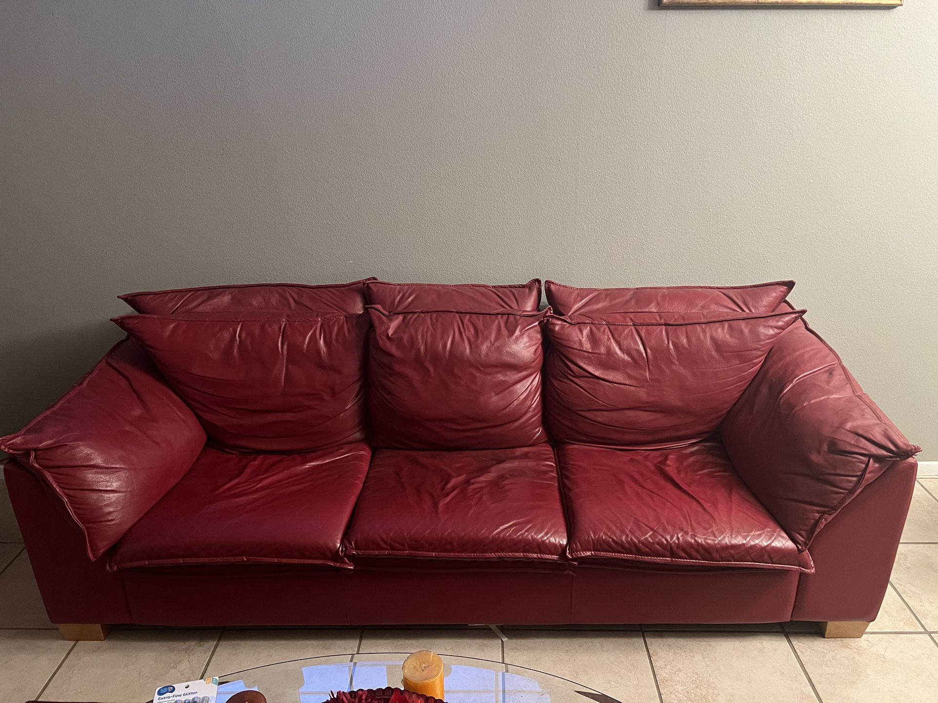 Red Leather Couches, Ottoman And Chair 