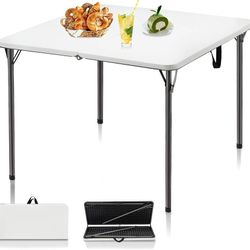 34" Folding Table, Portable Square Folding Card Table with Collapsible Legs & Carrying Handle, Plastic Tables for Camping,Picnic, Office, Party, White