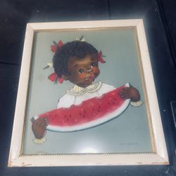 Original Vintage Kids Eating Watermelon Painting – Signed Chris Taylor – Wall Art Decor– Americana Folk Art