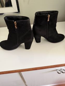 Black Suede Heeled Ankle Boots w Rhinestones
