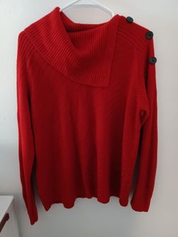 Red Knit Sweater with Button Shoulder Detail