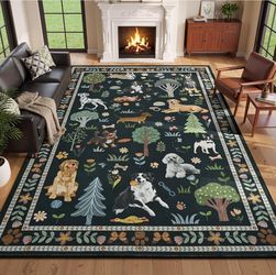 8x10 ft Washable Dog Breed Pattern Area Rug Dark Green