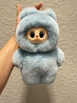 Rabbit Fur Handmade Labubu Plush Doll Keychain Bag Pendant  large baby blue