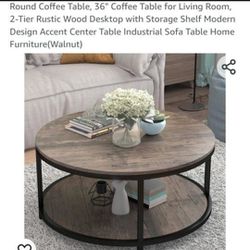 Round Coffee Table, 36" Coffee Table for Living Room, 2-Tier Rustic Wood Desktop with Storage Shelf Modern Design Accent Center Table Industrial Sofa 
