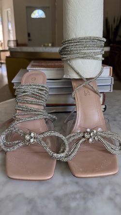 Rhinestone Lace-Up Heeled Sandals Size 7.5