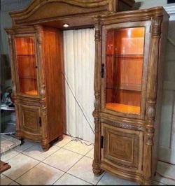 Glass Cabinets With Glass Shelves & Lights- Solid Wood- Good Condition