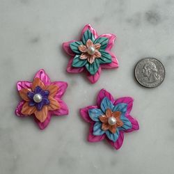 Lot Of Three Carved Shell Flower Pendants With Pearl 