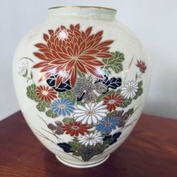 Japanese Porcelain Flower Vase Vtg Ikebana Kabin Chrysanthemum Beige Red 
