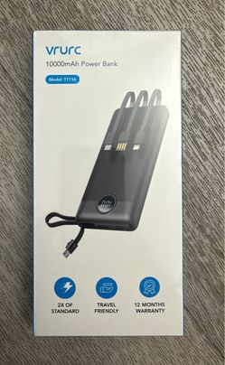 VRURC T1116 10000mAh Power Bank – Built-In Cables, New
