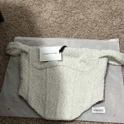 Manière De Voir US Size 6 Boucle Denim Bardot Corset Top and US Size 4 Mini Skirt in Off White