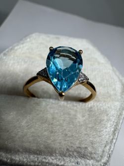 14K 585 Solid Yellow Gold Swiss Blue Topaz & Diamond Ring Size 7.5