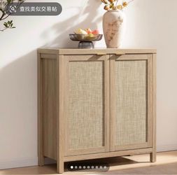 Rattan Sideboard Buffet Cabinet with Large Storage - Boho Credenza Coffee Bar Cabinet with Adjustabl