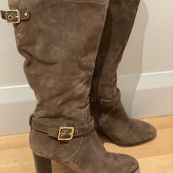Coach Robynn Womens size 7 Tan Suede Buckle Strap High Heel Boots Made in Italy