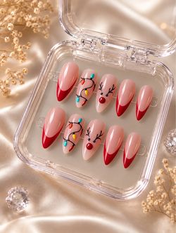 Christmas Press On Nails – Reindeer & Christmas Lights Nail Art