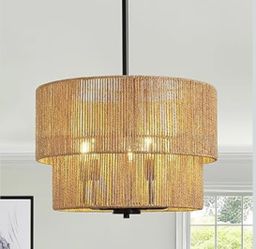 Hand-Woven Natural Rattan 2 Tier Boho Large 5 Light Chandelier. Black Frame - Width18" Height 14.6"