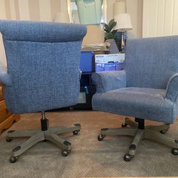 Two Denim Blue Desk Chairs With Rustic Wood Legs