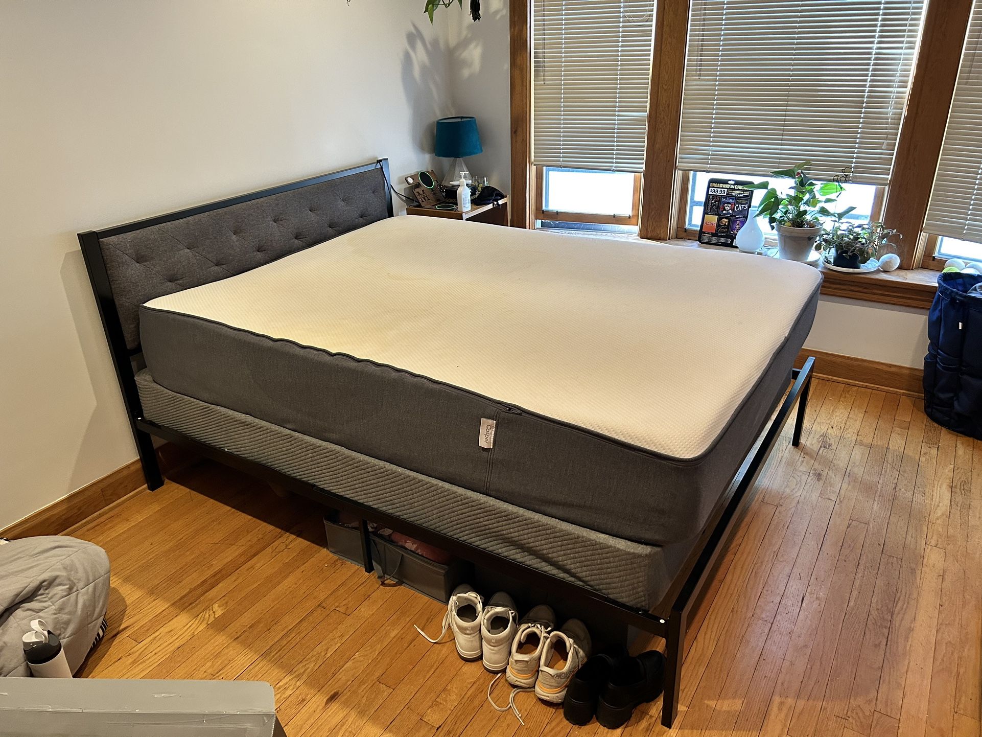 Professionally Cleaned Queen Sized Casper Mattress Set, Complete With A Box Spring And Sturdy Metal Frame