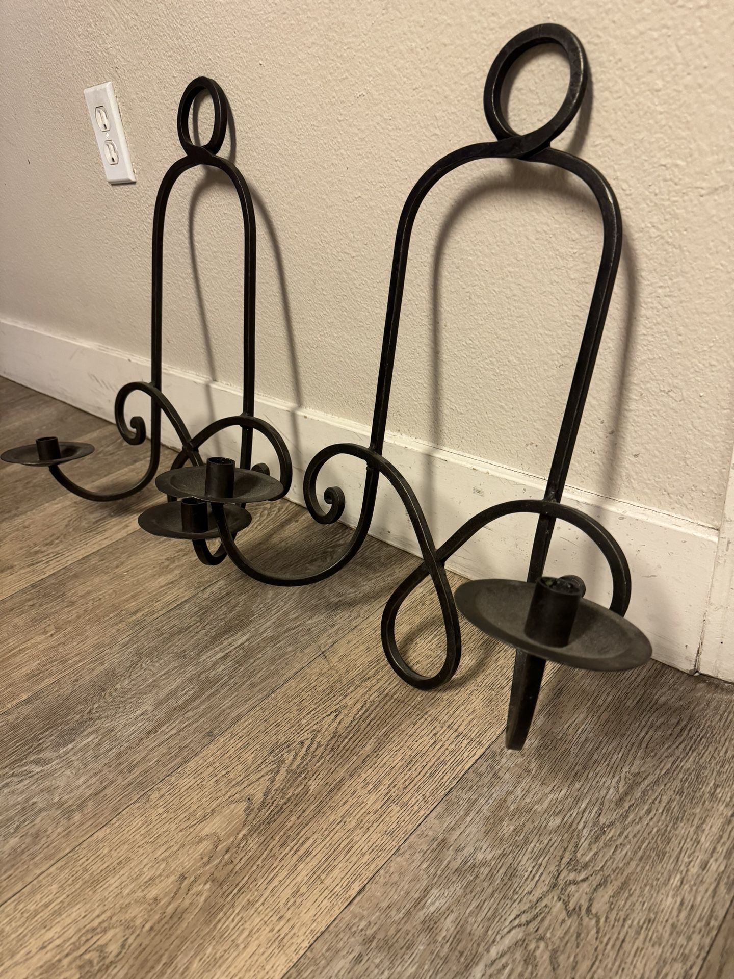 Pair of Double Arm Wrought Iron Wall Sconce Candle Holders